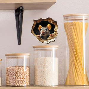 3D realistic mouse hole wall sticker detail showing creative mouse peeking through broken wall