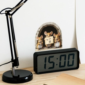 Close-up of funny cartoon mouse hole wall sticker with No Cats sign for home decor