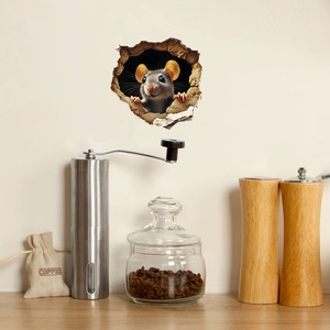 Creative 3D wall sticker featuring a realistic little mouse peeking from a wall hole