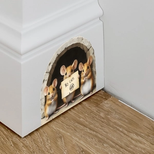 Detailed view of 3D mouse hole wall sticker featuring three mice and No Cats sign