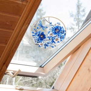 Floral static glass window decal with blue flowers and dragonfly for balcony decoration