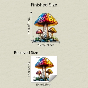 Détail montrant les dimensions de 23x23 cm pour l'autocollant de fenêtre champignon