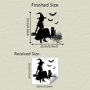 Detail view of Halloween witch and bats window sticker with precise dimensions and layout