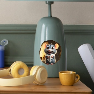 Detailed view of a 3D cute cartoon mouse sticker applied on a ceramic lamp base surface