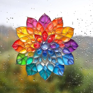 Rainbow mandala stained glass window film decal with symmetrical sun catcher design