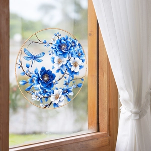 Blue floral static window film with butterflies and golden rim for glass decoration