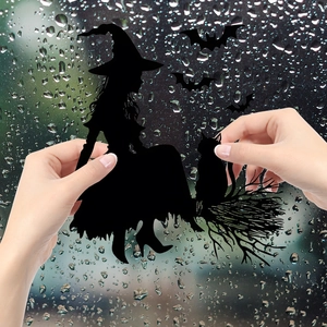 Halloween witch and bat static window clings for spooky home glass decoration