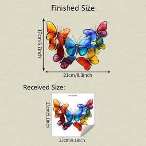Detailed sheet showing product dimensions and colorful butterfly window sticker layout