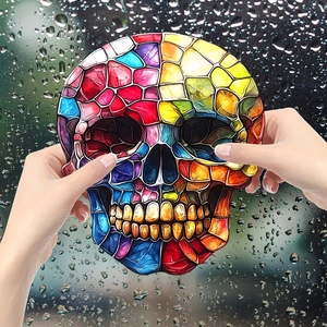 Rainbow mosaic skull static window cling with suncatcher effect and translucent colors