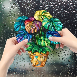 Colorful monstera stained glass window sticker for home decor with vibrant plant patterns