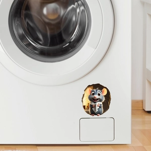 3D cartoon mouse wall sticker showing a cute grey mouse peeking from a hole on a washer