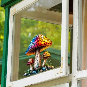 Autocollant de fenêtre champignon coloré style vitrail avec vue sur le jardin
