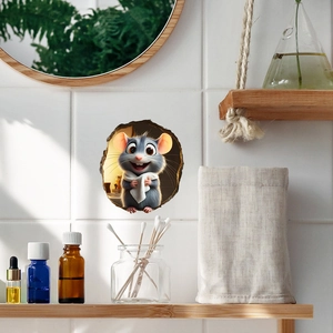 3D realistic mouse hole wall sticker for home decor with cute cartoon mouse in bathroom scene
