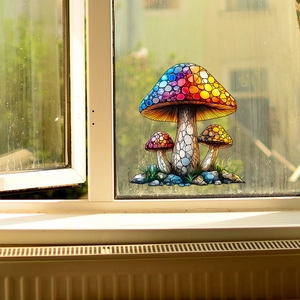 Autocollants de fenêtre champignons style vitrail avec reflets colorés sur verre