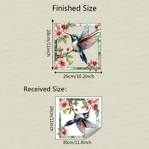Detailed size chart for hummingbird and floral static glass stickers with dimensions