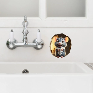 Detailed 3D cartoon mouse hole wall sticker with realistic fur texture on bathroom wall