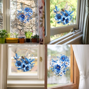 Artistic Painted Blue Flower And Dragonfly Round Window Stickers Static Cling UV Glass Film For Home Balcony Decoration