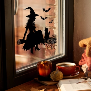 Halloween Witch Bat Black Silhouette Static Cling Window Sticker UV Printed Reusable Glass Decal Holiday Party Decor