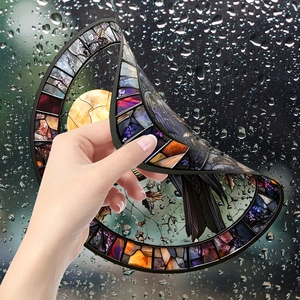 Gothic raven stained glass window cling with colorful autumn leaf pattern for home decor