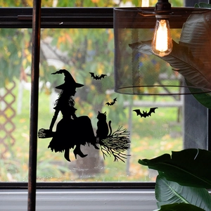 Halloween witch and bat static window clings for festive glass decoration in black silhouette