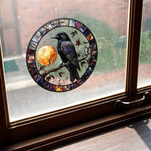 Gothic raven window cling on orange moon and stained glass frame for Halloween decor