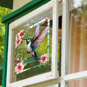 Vibrant hummingbird and pink flower stained glass style static cling window film decor