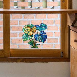 Colorful monstera leaf window film with stained glass mosaic pattern for home decoration