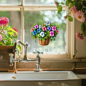 Colorful painted flower basket window sticker for home glass decoration and aesthetics