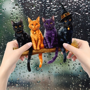Stickers de fenêtre Halloween avec chats mignons sur balai et chapeau de sorcière