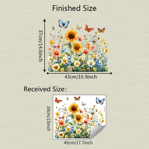 Detailed view of sunflower window clings showing both finished and received dimensions