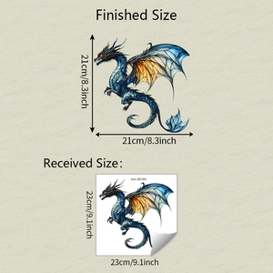 Detail of dragon window sticker showing 23x23cm received size and 21x21cm finished size