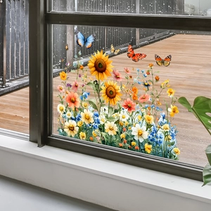 Static cling window film with colorful sunflower butterfly patterns for home decoration
