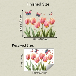 Detail showing dimensions of pink tulip and butterfly window static sticker decals