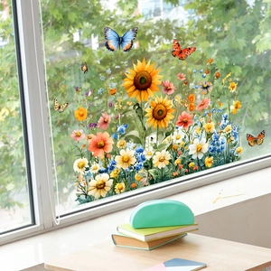 Vibrant sunflower and butterfly static window cling decals for home glass decoration