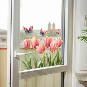Pink tulip and butterfly static window film for home glass decoration and privacy