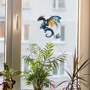 Stained glass style ferocious dragon window sticker in blue and orange for home decor