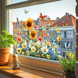 Self-adhesive sunflower and butterfly window clings for home balcony glass decoration