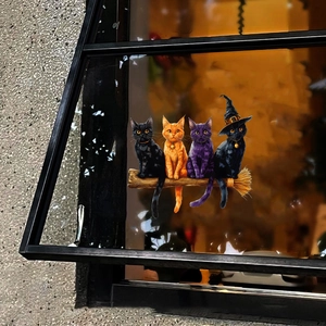 Stickers électrostatiques Halloween avec chats sur balai pour décoration de vitres