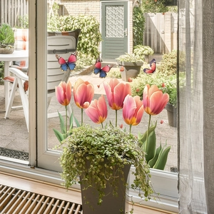 Decorative pink tulip window film stickers with colorful butterflies for glass decoration