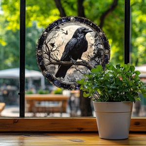 Adesivo finestra Halloween corvo su ramo con luna rotonda e foresta oscura deco