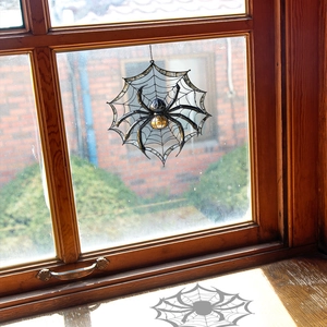 Spider web stained glass window suncatcher with black spider for Halloween decor