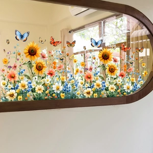 Vibrant sunflower and butterfly static window film for home balcony glass decoration