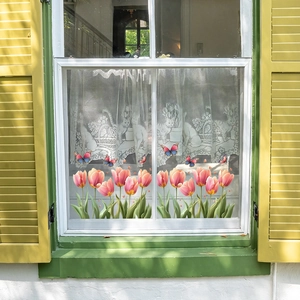 Pink tulip and butterfly static window stickers for home balcony glass decoration