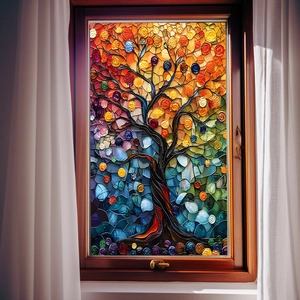 Film de Fenêtre Statique Vitrail Arbre de Vie Mosaïque Décoratif Autocollant de Confidentialité Fenêtres en Verre Protection UV Maison