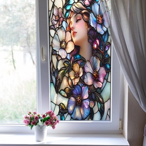 Artistic stained glass window film featuring a beautiful woman and colorful floral motifs