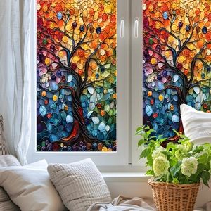Film décoratif pour fenêtre arbre de vie coloré avec effet vitrail mosaïque artistique
