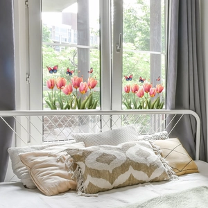 Pink tulip and butterfly static cling window stickers for home glass decoration