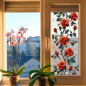 Stained glass style rose window film with electrostatic floral design for balcony decor