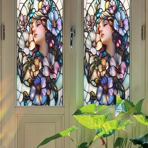 Stained glass style window film featuring a beautiful floral goddess portrait for home decor