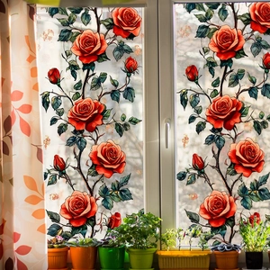 Vertical red rose vine static window film sticker for home glass decoration